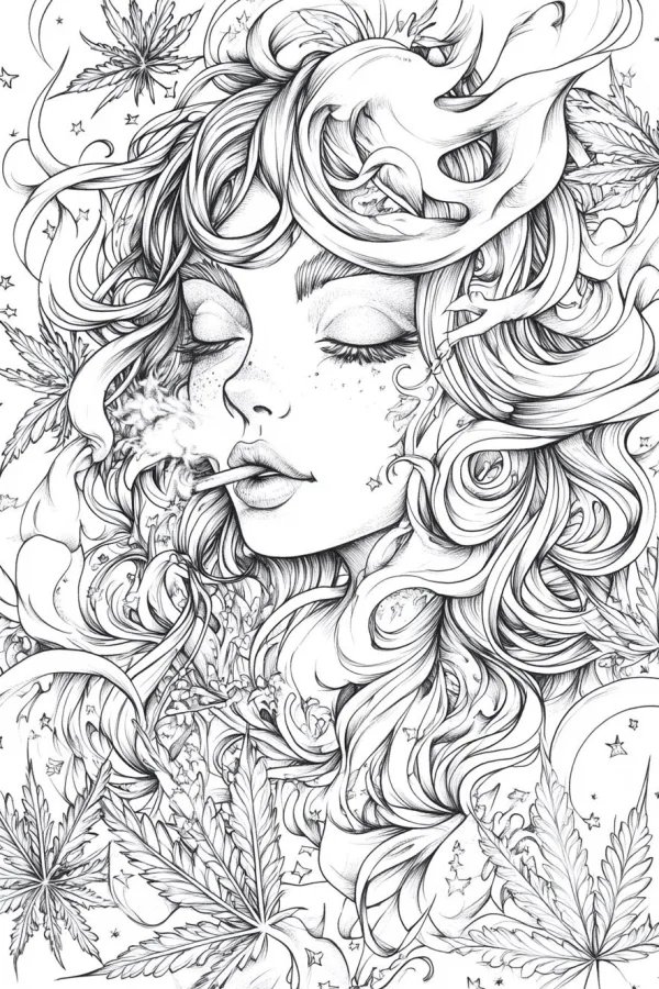 Fantasy curly-haired woman smoking marijuana, surrounded by cannabis leaves — free printable psychedelic coloring book page