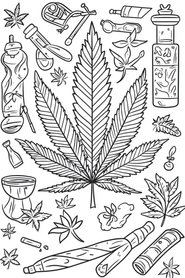 Large cannabis leaf at the center, surrounded by various cannabis smoking accessories including pipes — free printable cannabis culture coloring book page