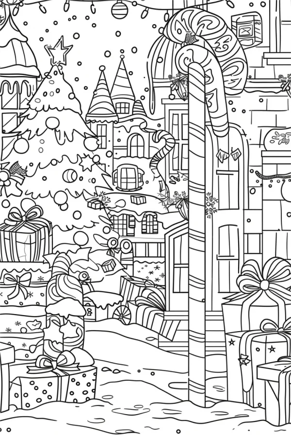 Christmas town scene with gift piles, cartoon style — free printable town landscape coloring book page
