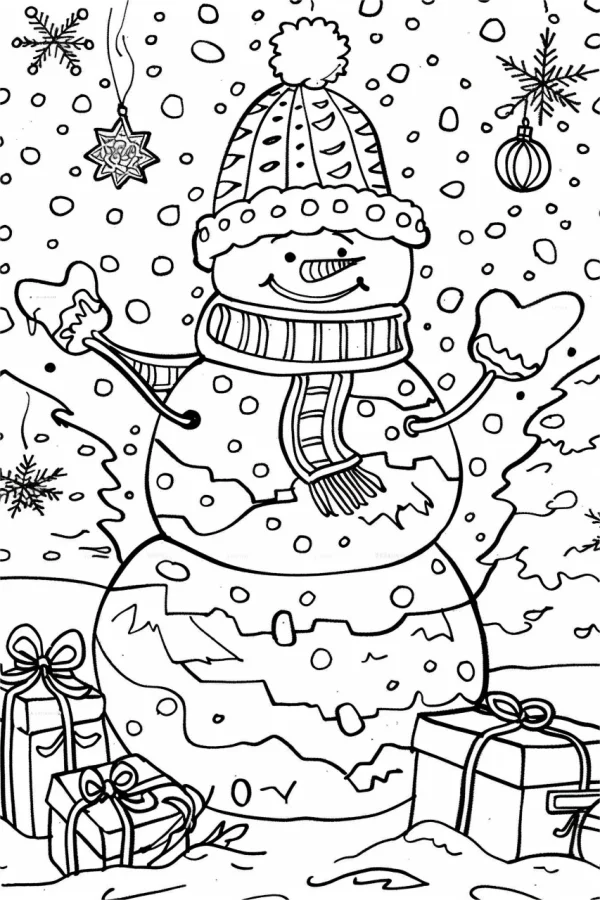 Smiling christmas snowman with knitted hat, scarf and mittens — free printable innocence coloring book page