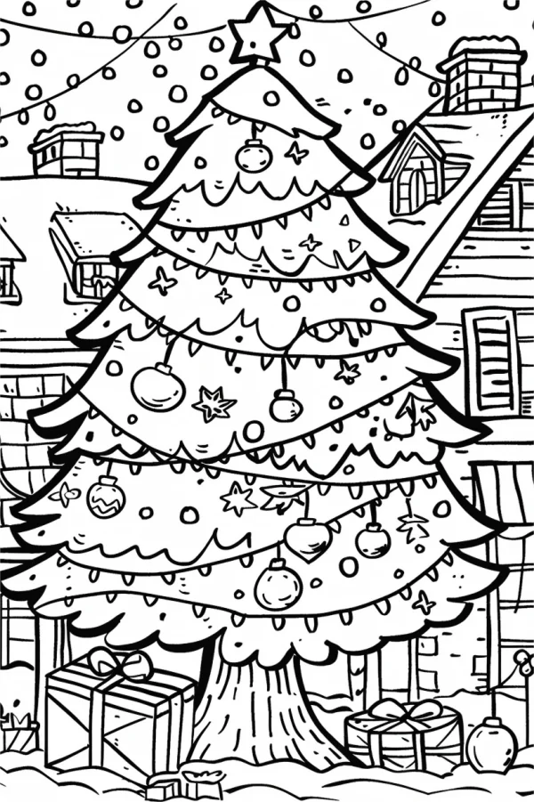 Decorated christmas tree in a snowy town, cartoon style — free printable town life coloring book page