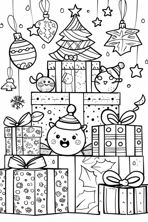 Cute cartoon bear in santa hat with stacked christmas gifts and festive animal friends, cartoon style — free printable cartoon animals coloring book page