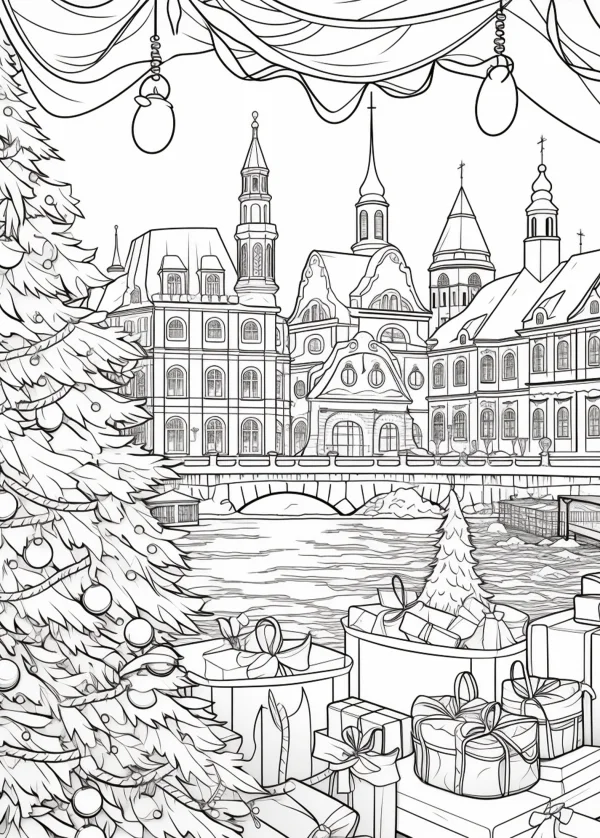 Christmas city riverside scene, cartoon style — free printable festivals coloring book page