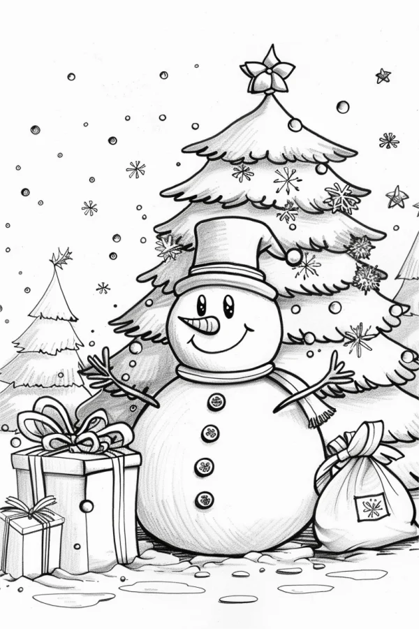 Smiling snowman with top hat and scarf, cartoon style — free printable innocence coloring book page