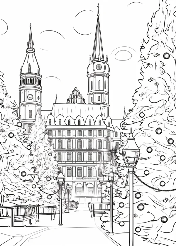 Christmas city square with european-style clock tower buildings and decorated christmas trees, realistic line art style — free printable outdoor scene coloring book page