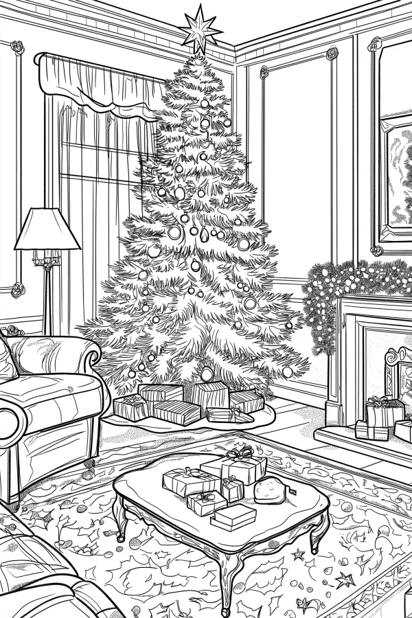 Cozy christmas living room scene, realistic line art style — free printable home scene coloring book page