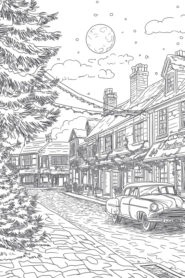 Cozy christmas town street with vintage car, realistic line art style — free printable town life coloring book page