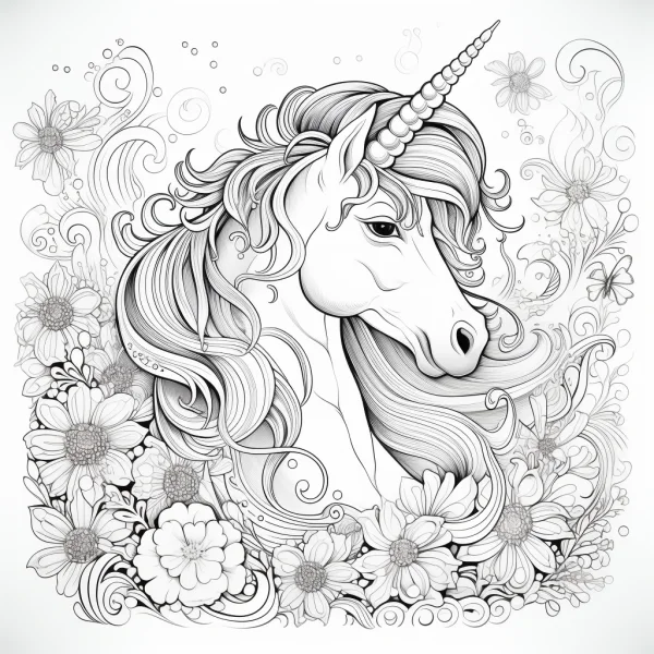 Elegant unicorn with flowing curly mane, surrounded by daisies — free printable unicorn coloring book page
