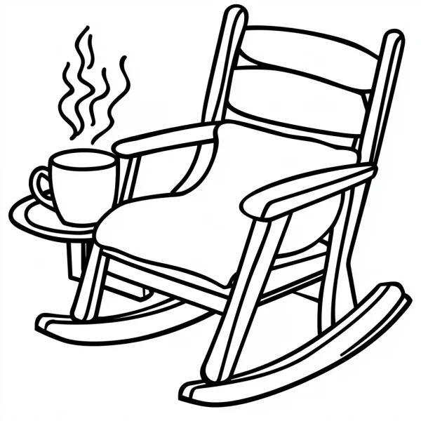 Rocking chair with a steaming mug on a side tray, sketch style — free printable home leisure coloring book page