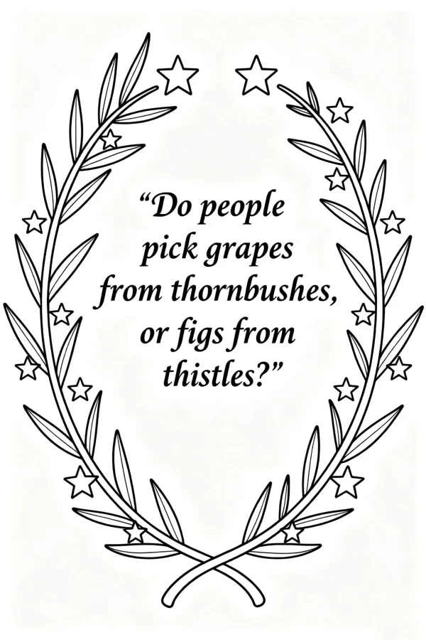 Laurel wreath with inspirational quote "do people pick grapes from thornbushes, or figs from thistles?" — free printable philosophy coloring book page