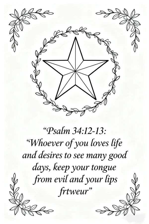 Five-pointed star surrounded by vine wreath, minimalist style — free printable geometry coloring book page