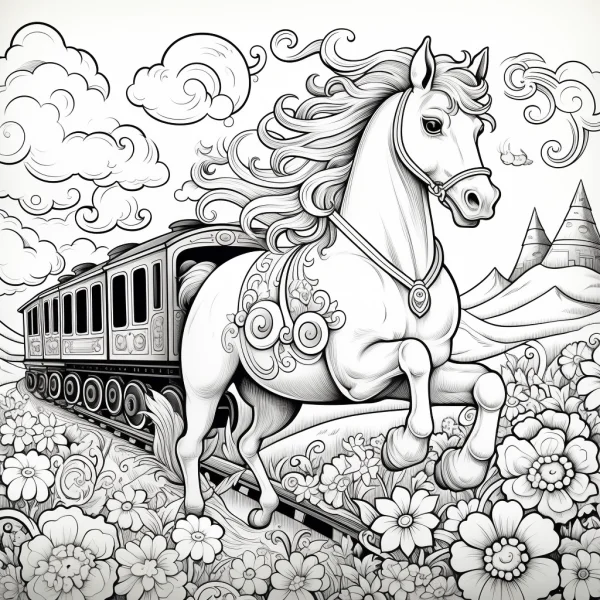 Fantasy horse-train hybrid, cartoon whimsical style — free printable scenes coloring book page