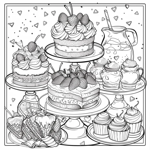 Assorted strawberry dessert set including layer cakes, cupcakes and sliced cakes — free printable desserts coloring book page