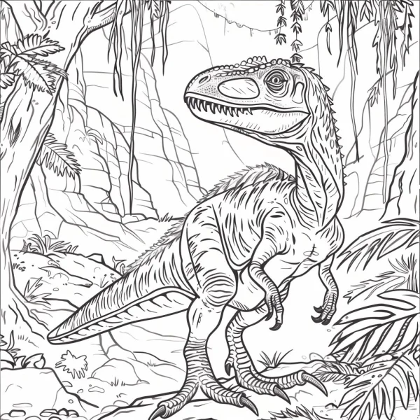 Velociraptor in jungle, realistic sketch style — free printable jungle coloring book page