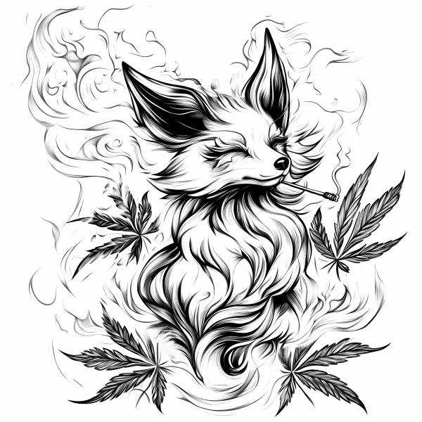 Fox smoking a marijuana cigarette, surrounded by marijuana leaves and swirling smoke — free printable alternative culture coloring book page