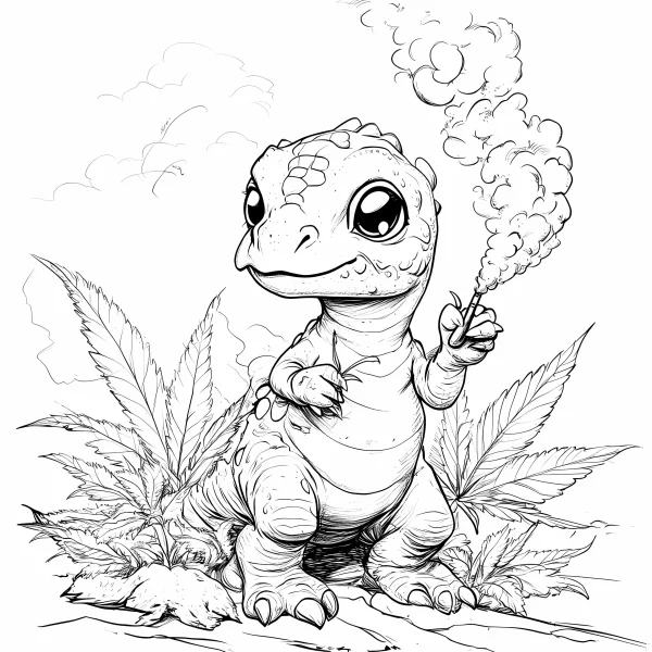 Funny cartoon little dinosaur holding a smoking object, surrounded by cannabis leaves — free printable quirky coloring book page