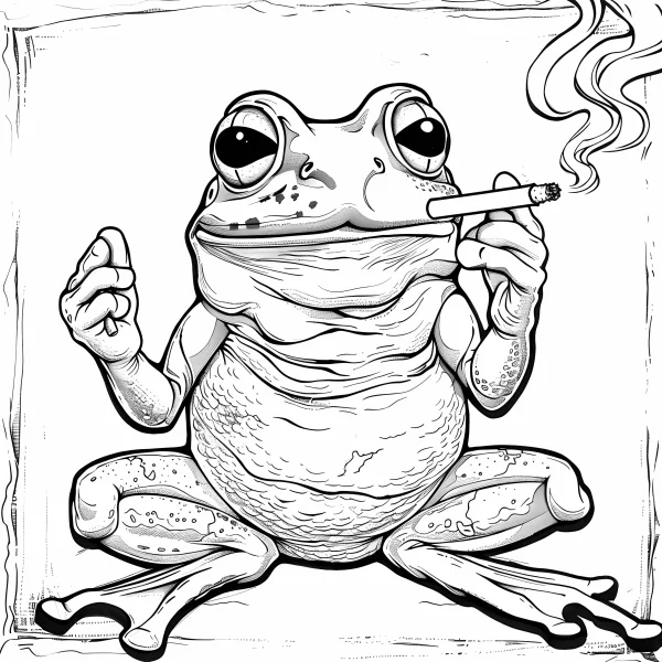 Anthropomorphic frog smoking a cigarette, cartoon style — free printable quirky coloring book page