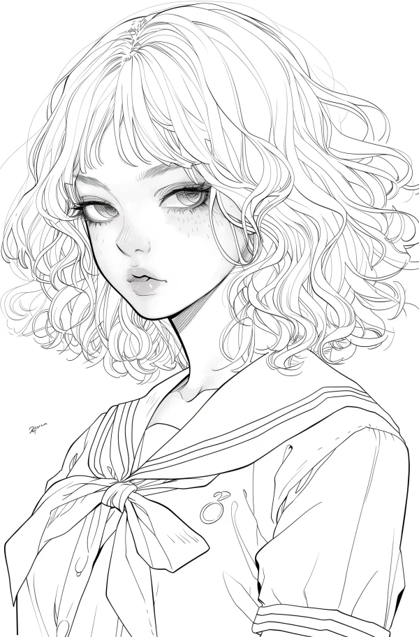 Japanese curly-haired girl in sailor uniform with freckles, anime illustration style — free printable campus life coloring book page