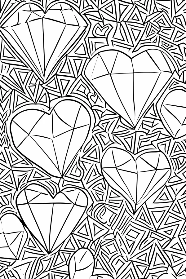 Geometric heart-shaped diamonds, abstract style — free printable jewelry coloring book page