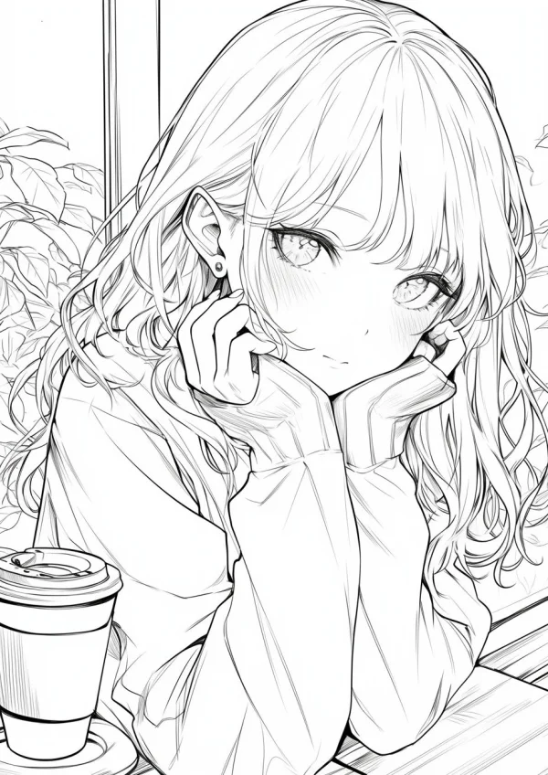 Cute curly-haired girl resting cheeks on hands, anime style — free printable daily leisure coloring book page