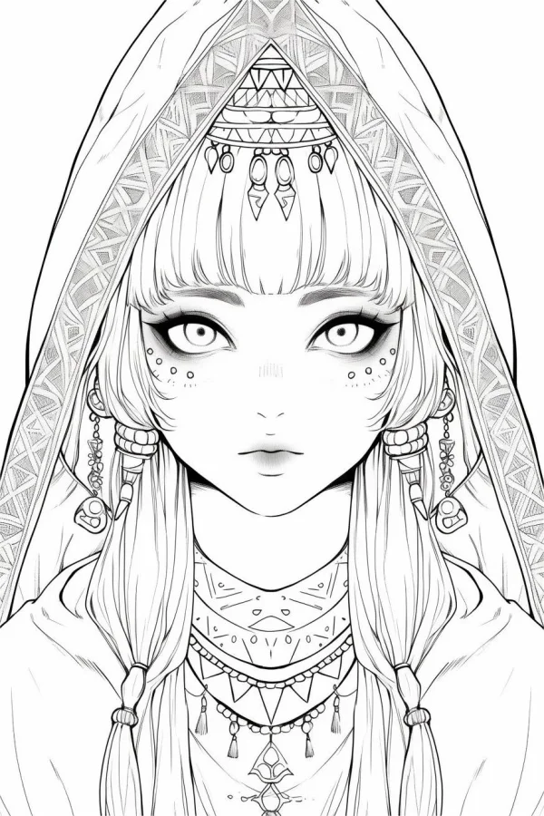Tribal style fantasy girl, anime style — free printable ethnic culture coloring book page
