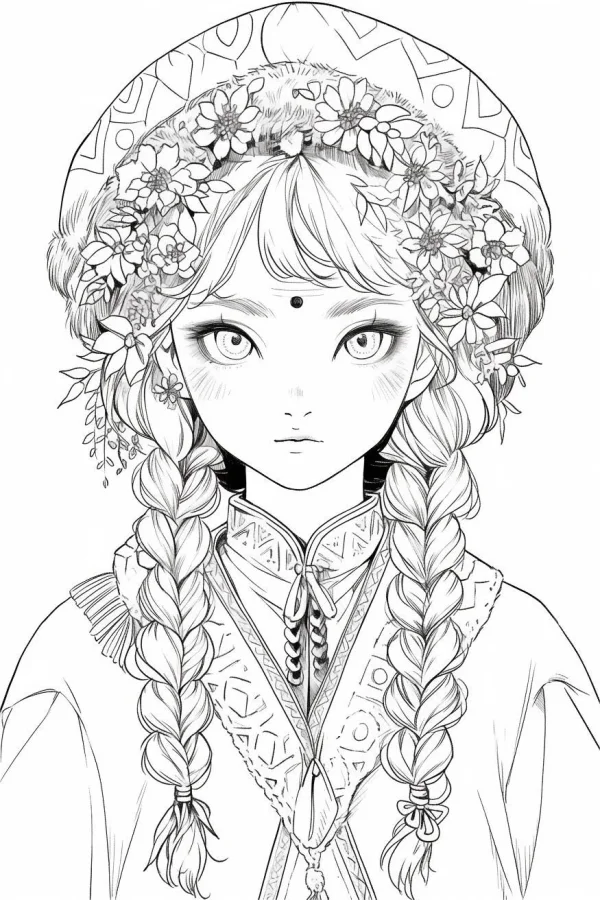 Ethnic style braided girl with floral headdress, anime style — free printable ethnic culture coloring book page