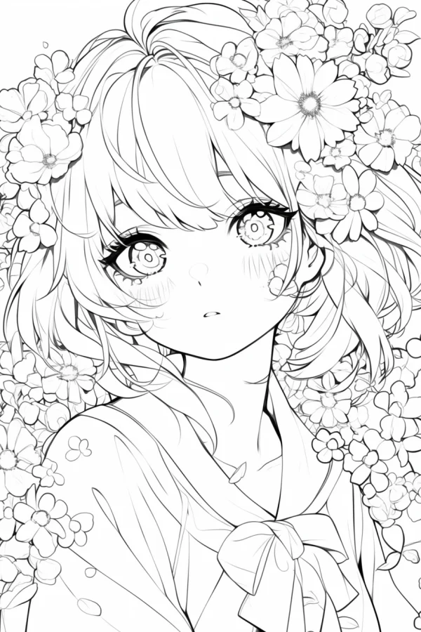 Anime girl surrounded by daisies and flowers, cartoon anime style — free printable character theme coloring book page