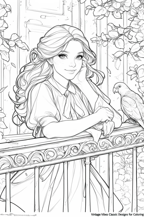 Vintage curly-haired girl leaning on a carved balcony railing with a parrot beside her, surrounded by floral vines and a retro door — free printable cultural theme coloring book page