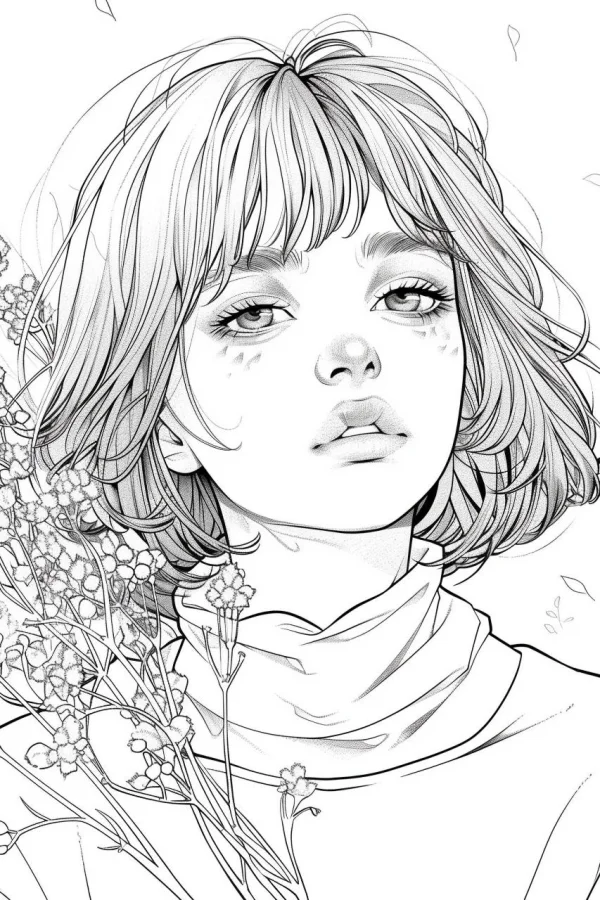 Short-haired girl with delicate flowers and branches, anime style — free printable character theme coloring book page