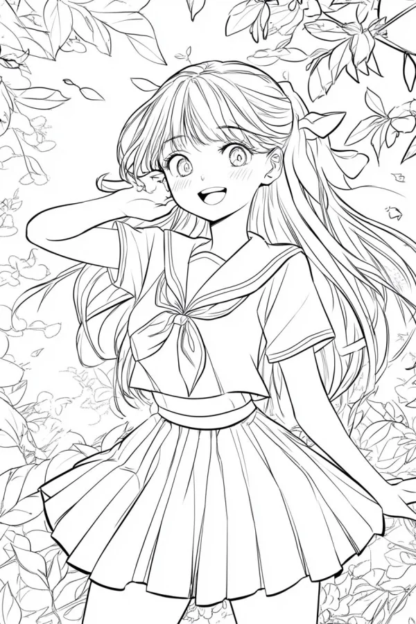 Long-haired girl in sailor uniform with pleated skirt, anime style — free printable youth coloring book page