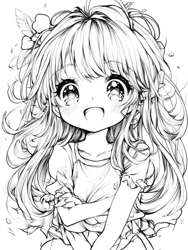 Cute chibi anime girl with long curly hair and flower hair accessory, big sparkly teary eyes — free printable innocence coloring book page