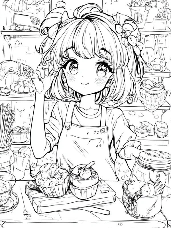 Cute chibi girl baking cupcakes in cozy kitchen, cartoon anime style — free printable innocence coloring book page