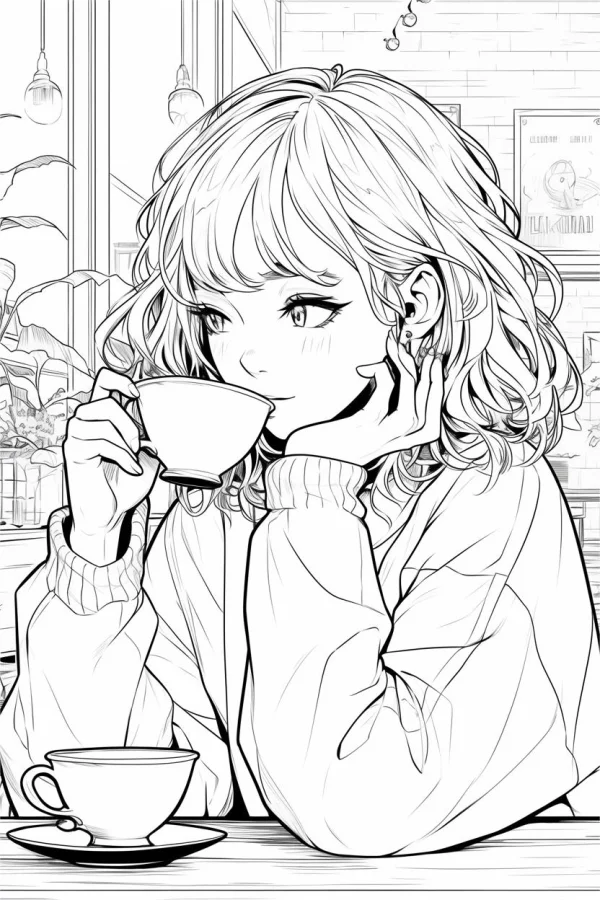 Coloring book page, curly-haired girl drinking coffee — free printable coffee coloring book page