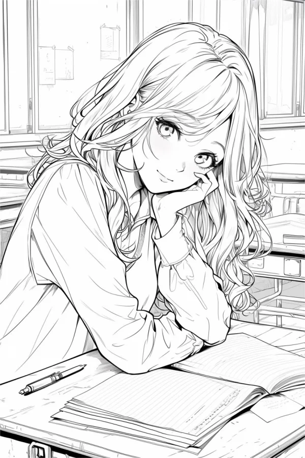 Coloring book page, curly-haired girl in classroom sitting at desk with open books and pen — free printable campus life coloring book page