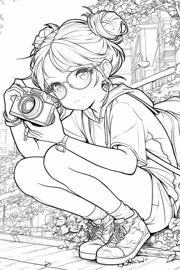 Anime girl with glasses and double buns holding a nikon camera, anime style — free printable photography coloring book page