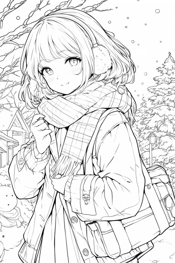 School girl in winter outfit with earmuffs and scarf, carrying backpack — free printable campus life coloring book page
