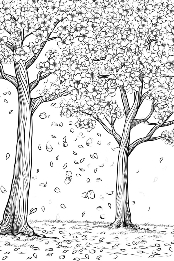 Blooming trees with falling petals, nature landscape — free printable flower season coloring book page