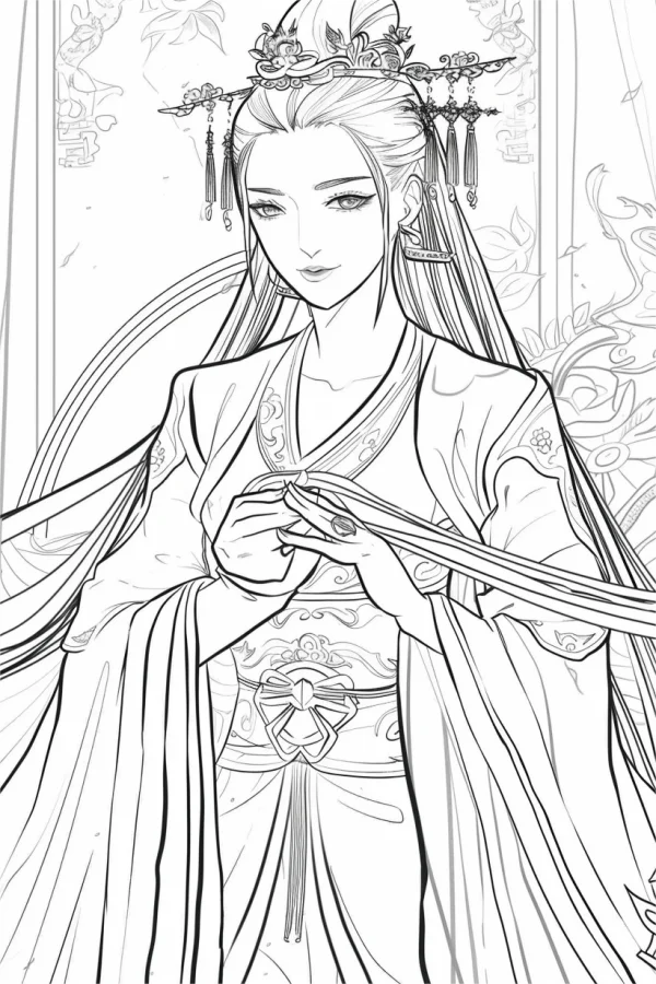 Elegant ancient chinese woman in traditional hanfu, with elaborate hair crown and tassel accessories — free printable historical figures coloring book page