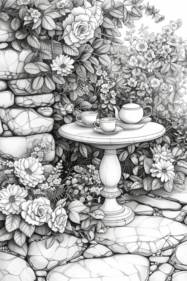 Garden tea table with teapot and cups surrounded by flowers and stone walls, pastoral style — free printable afternoon tea coloring book page