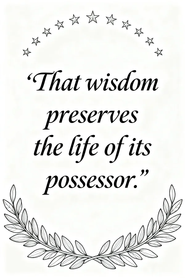 Inspirational quote 'that wisdom preserves the life of its possessor.' decorated with laurel wreath and arched stars, simple  fine smooth organic lines — free printable text art coloring book page