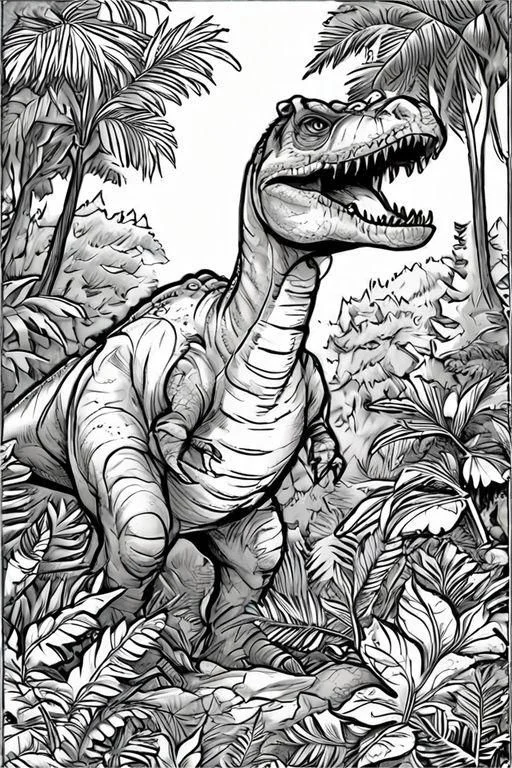 Tyrannosaurus rex in tropical jungle, realistic  surrounded by palm trees and ferns — free printable jungle coloring book page