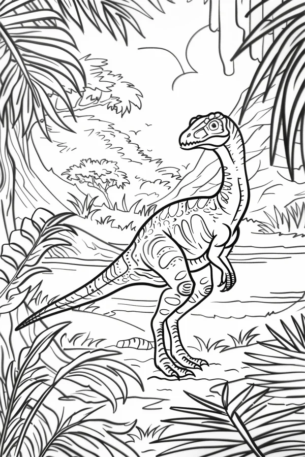Prehistoric dinosaur in jungle, cartoon line art style — free printable jungle coloring book page