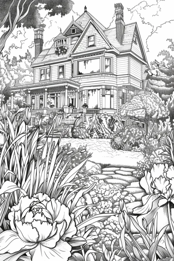 Vintage garden house with peonies and lush garden plants, realistic line art style — free printable residential coloring book page