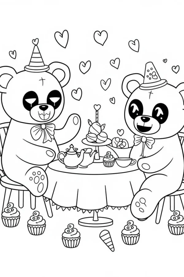 Two party hat wearing teddy bears having afternoon tea, cartoon style — free printable afternoon tea coloring book page