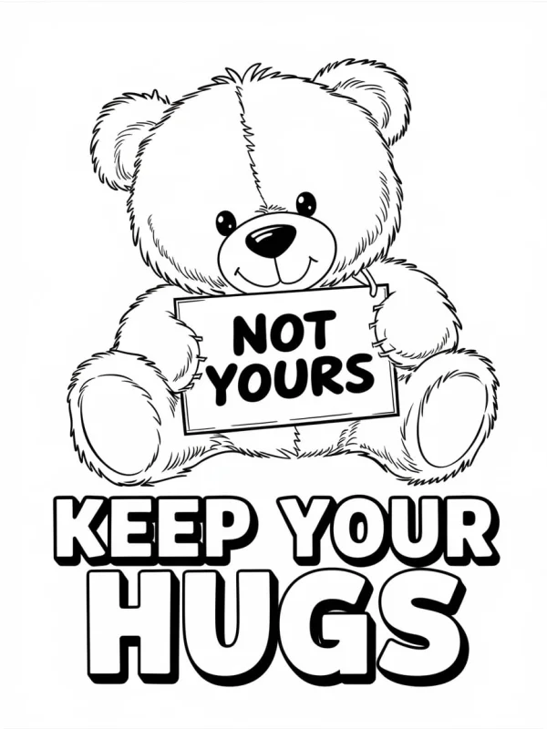 Cute teddy bear holding a sign, cartoon style — free printable mammals coloring book page