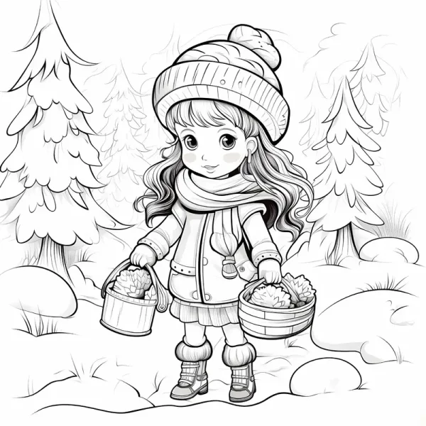 Cute girl in winter forest wearing knit hat, scarf and coat — free printable children's life coloring book page