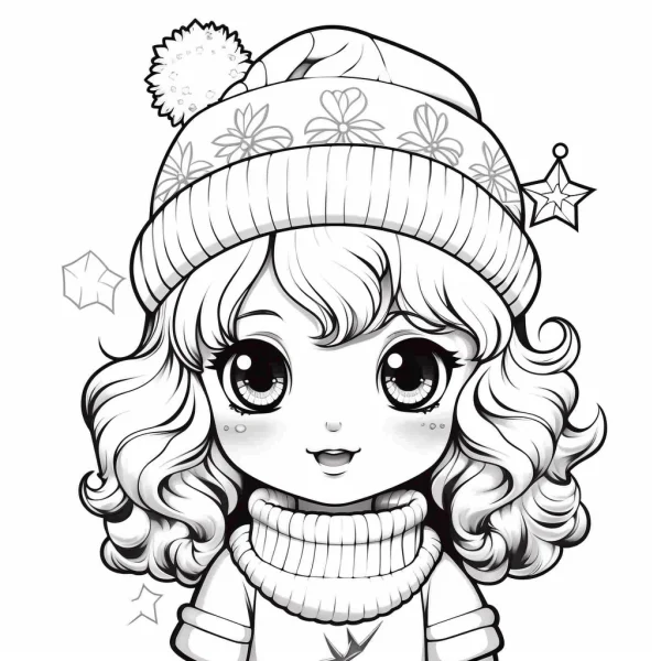 Cute chibi curly-haired girl wearing winter knit hat with pom-pom and flower patterns, cartoon style — free printable cartoon characters coloring book page