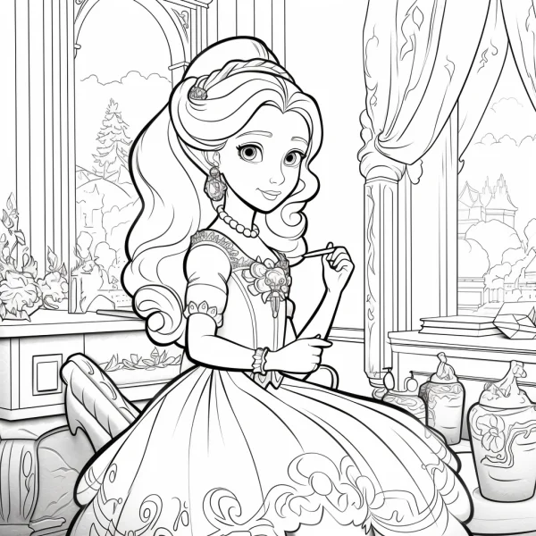 Elegant palace princess, cartoon style — free printable court coloring book page