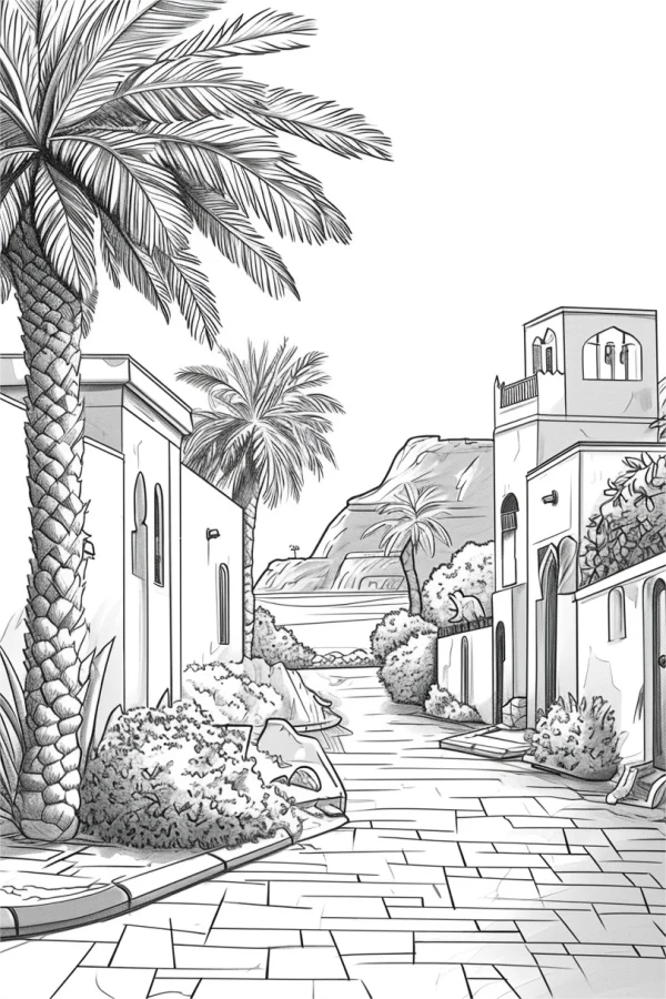 Middle eastern town street scene, sketch style — free printable middle east coloring book page