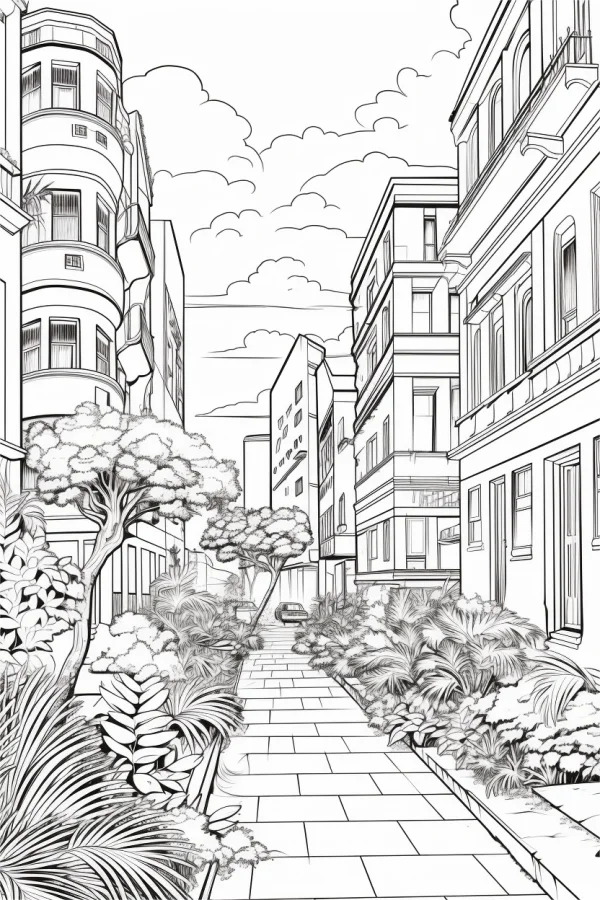 Urban street with multi-story buildings and various plants, realistic illustration style — free printable natural landscape coloring book page